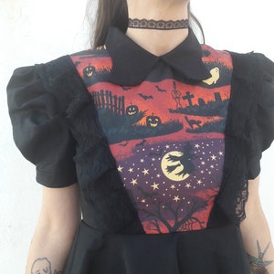 Black Dress with Halloween Print, Black Spooky Halloween Printed Dress with Collar and Puffy Sleeves, Lolita Black Dress, Made to Order image 1