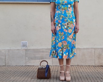 Floral Prairie Dress with Puffy Sleeves, Midi Blue Bohemian Dress with Flowers and Square Neckline, Bridesmaids and Wedding, Made to Order