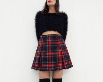Tartan Grunge Black Mini Skirt With Pleats, Plaid High Waist Skater Skirt, Preppy Punk Skirt, Plus Sizes Are Available, Made to order