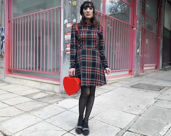 Black Tartan Mini Dress With Peter Pan Collar and Long Sleeves, Preppy Schoolgirl Dress, Plus Sizes Are Available, Made to order