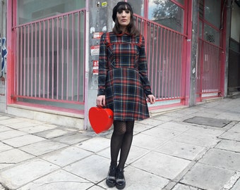 Black Tartan Mini Dress With Peter Pan Collar and Long Sleeves, Preppy Schoolgirl Dress, Plus Sizes Are Available, Made to order