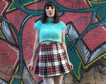 Tartan White Grunge  Mini Skirt With Pleats, Plaid High Waist Skater Skirt, Preppy Punk Skirt, Plus Sizes Are Available, Made to order