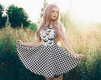 Checkered Halloween Dress with Bats, Gothic Plaid Circle Dress Made of Cotton, Mod Skater Dress, Plus Sizes Available, Made to Order