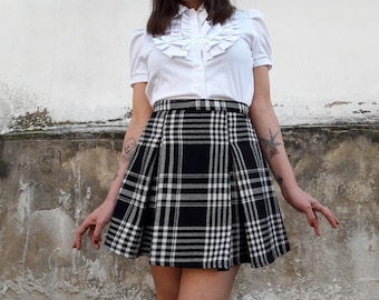 Plaid Black and White Grunge Skirt with Pleats, Tartan Punk Mini Pleated Skirt, Preppy B/W Skirt, Made to Order, Plus Sizes are Available