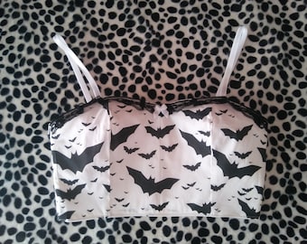 Halloween Bustier Crop Top Made of Cotton, Black and White Printed Bustier With Bats, Made to Order, Plus Sizes Available