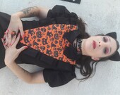 Black Mini Halloween Dress with Puffy Sleeve, Spooky Lolita Orange Black A line Dress With Collar, Made to Order,Plus Sizes Available