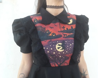 Black Dress with Halloween Print, Black Spooky Halloween Printed  Dress with Collar and Puffy Sleeves, Lolita Black Dress, Made to Order