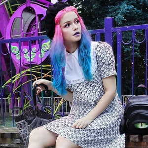 Halloween Mini Dress With Eyeballs Print, Mod Dress with Spooky Eyes Print and Puffy Sleeves, Scooter Cotton Dress, Plus Sizes Available