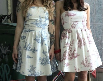 Toile de Jouy Skater Strapless Dress Made of Cotton, Toile Bridesmaids and Wedding Dress With Pockets, Plus Sizes Available, Made to Order