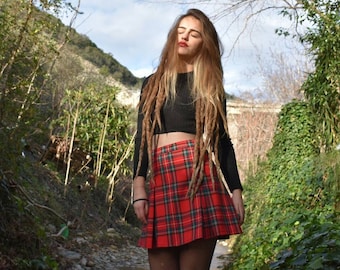 Tartan Red Grunge Mini Skirt, Preppy Plaid Pleated Skater Skirt, Punk High Waist Short Skirt,  Plus Sizes Available, Made to Order