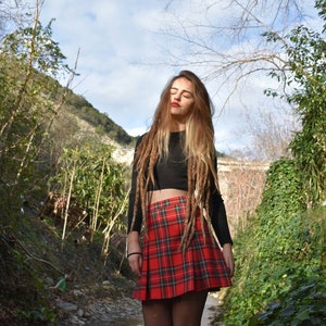 Tartan Red Grunge Mini Skirt, Preppy Plaid Pleated Skater Skirt, Punk High Waist Short Skirt,  Plus Sizes Available, Made to Order