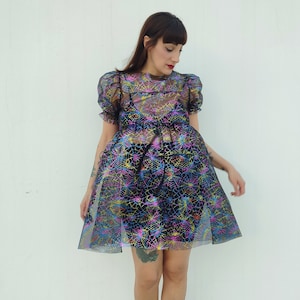 Oversize Iridescent Halloween Dress with Spider Webs, Holographic Transparent Glitter Mini Dress, Mesh Sheer Rainbow Tulle Dress