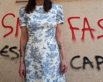 Toile de Jouy Prairie Vestido con mangas hinchadas Vestido de | Etsy México