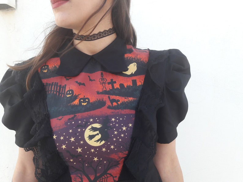 Black Dress with Halloween Print, Black Spooky Halloween Printed Dress with Collar and Puffy Sleeves, Lolita Black Dress, Made to Order image 8