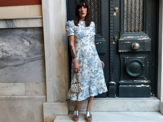 women's blue toile dress De Jouy Cotton Prairie Dress, Puffy Sleeves, Made to Order Boutique