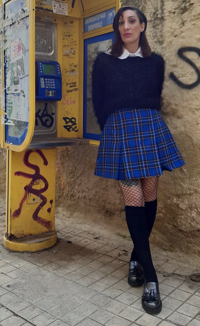 Tartan Skater Grunge Skirt in Blue, Plaid Preppy Mini Skirt with Pleats, Punk Gingham Short Skirt, Made to Order, Plus Sizes image 8