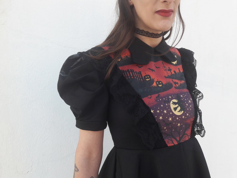 Black Dress with Halloween Print, Black Spooky Halloween Printed Dress with Collar and Puffy Sleeves, Lolita Black Dress, Made to Order image 3