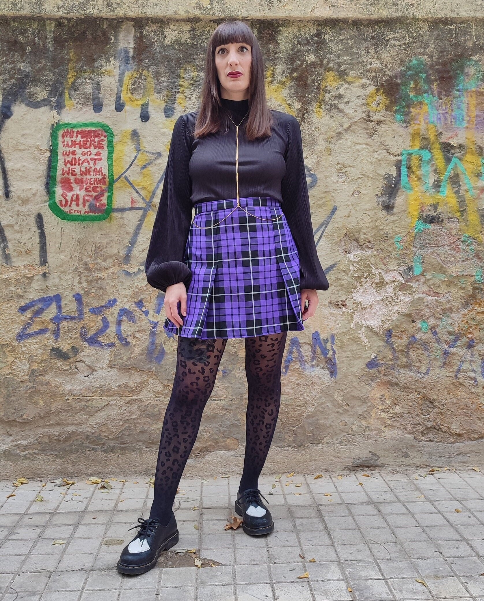 Tartan Grunge Purple Mini Skirt With Pleats, Plaid Preppy Skater