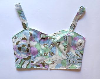 Upcycled Lace Up Crop Top, Pastel Floral Bustier Crop Top Made of Reused Vintage Fabric, Only One Available, Size M to L