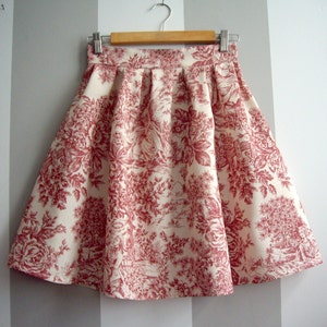 Toile-de-jouy skaterrok met zakken, prairierode katoenen toile-rok, bruidsmeisjes- en trouwrok, grotere maten beschikbaar, op bestelling gemaakt.