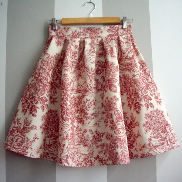 Skater Toile De Jouy Skirt with Pockets, Prairie Red Toile Cotton Skirt, Bridesmaids and Wedding Skirt, Plus Sizes Available, Made to Order.