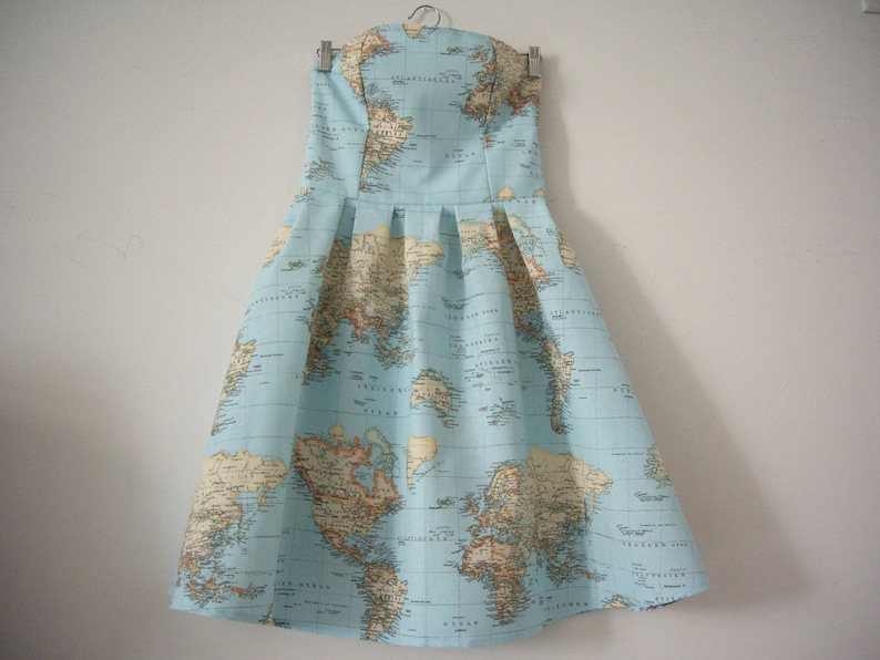 World Map Skater Dress Made of Cotton, Atlas Strapless Dress with Pockets, Wedding and Bridesmaids, Plus Sizes Available, Made to order image 10