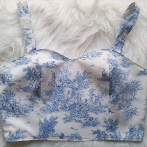 Prairie toile de jouy crop-top bustier, blauwe toile-top bustier, katoenen blouse bruidsmeisjes en bruiloft, grote maten beschikbaar, op bestelling gemaakt