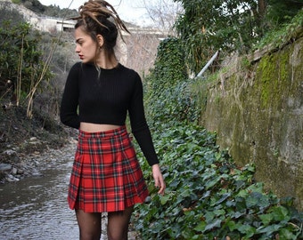 Tartan Red Grunge Mini Skirt, Preppy Plaid Pleated Skater Skirt