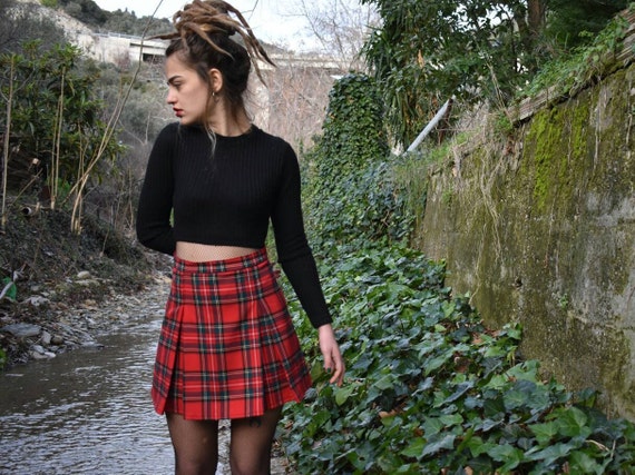 Tartan Red Grunge Mini Skirt, Preppy Plaid Pleated Skater Skirt, Punk High  Waist Short Skirt, Plus Sizes Available, Made to Order 