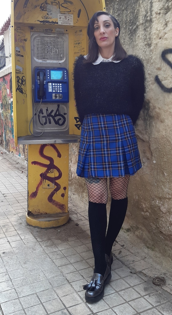 Tartan Skater Grunge Skirt in Blue Plaid Preppy Mini Skirt with Pleats Punk Gingham Short Skirt Made to Order Plus Sizes