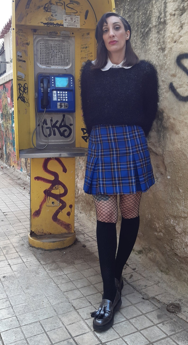 Tartan Skater Grunge Skirt in Blue, Plaid Preppy Mini Skirt with Pleats, Punk Gingham Short Skirt, Made to Order, Plus Sizes image 9