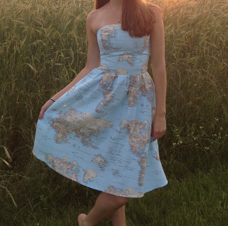 World Map Skater Dress Made of Cotton, Atlas Strapless Dress with Pockets, Wedding and Bridesmaids, Plus Sizes Available, Made to order image 7