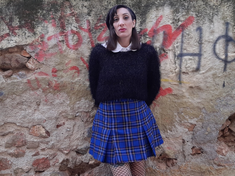 Tartan Skater Grunge Skirt in Blue, Plaid Preppy Mini Skirt with Pleats, Punk Gingham Short Skirt, Made to Order, Plus Sizes image 4