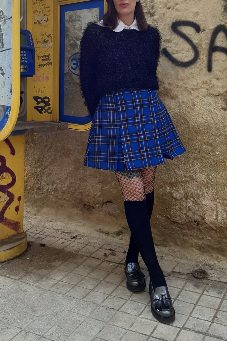 Tartan Skater Grunge Skirt in Blue, Plaid Preppy Mini Skirt with Pleats, Punk Gingham Short Skirt, Made to Order, Plus Sizes image 6