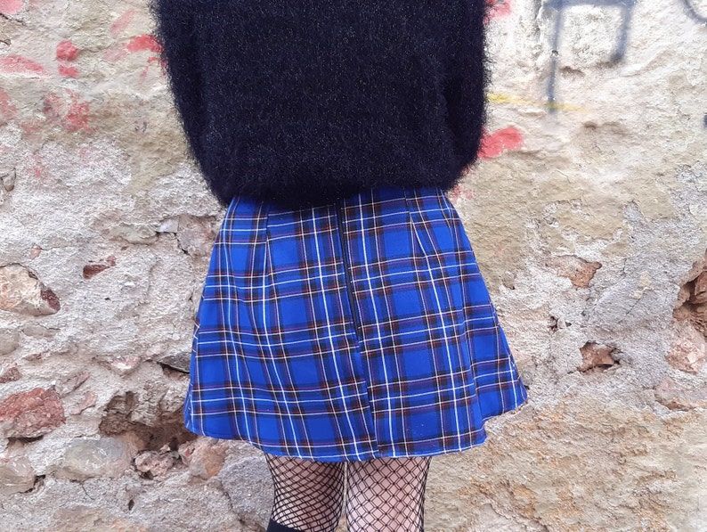 Tartan Skater Grunge Skirt in Blue, Plaid Preppy Mini Skirt with Pleats, Punk Gingham Short Skirt, Made to Order, Plus Sizes image 5