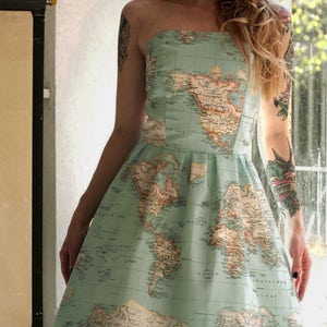 World Map Skater Dress Made of Cotton, Atlas Strapless Dress with Pockets, Wedding and Bridesmaids, Plus Sizes Available, Made to order image 2