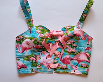 Lace Up Pink Flamingo Crop Top Bustier made of Cotton, Only One Available , Size S