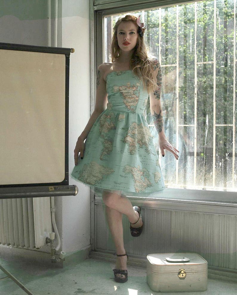 World Map Skater Dress Made of Cotton, Atlas Strapless Dress with Pockets, Wedding and Bridesmaids, Plus Sizes Available, Made to order image 1