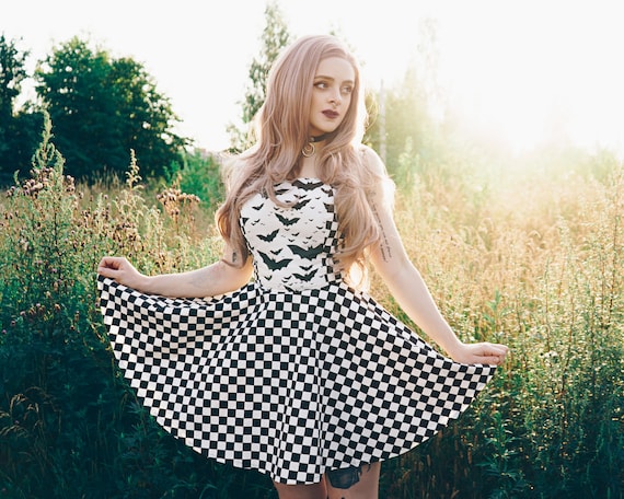 Checkered Halloween Dress With Bats Gothic Plaid Circle Dress Made of Cotton Mod Skater Dress Plus Sizes Available Made to Order Etsy UK