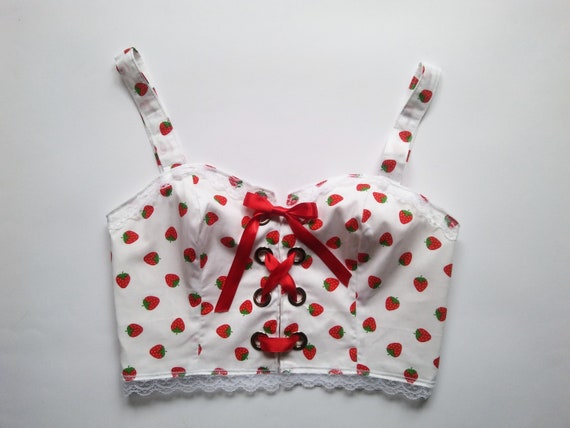 Prairie White Lace up Bustier With Strawberries, Milkmaid White