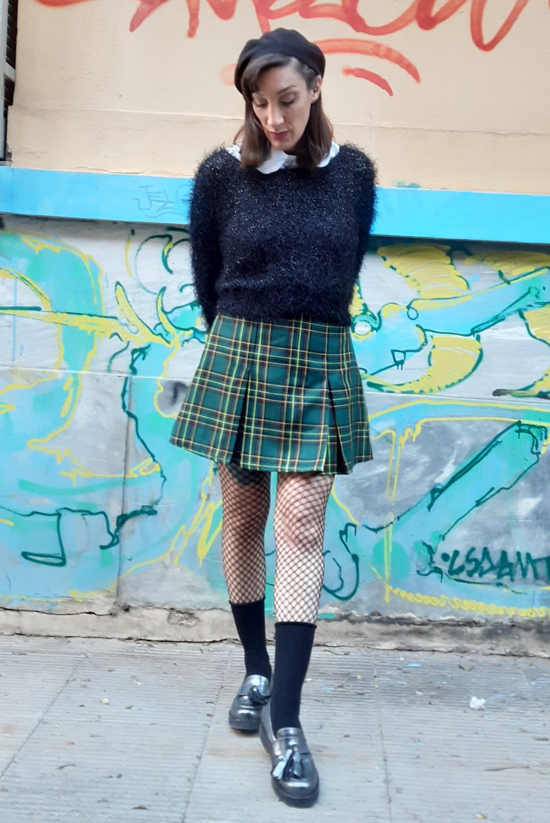 Tights Plaid Skater Skirt Look Grunge Outfits Green Plaid Skirt