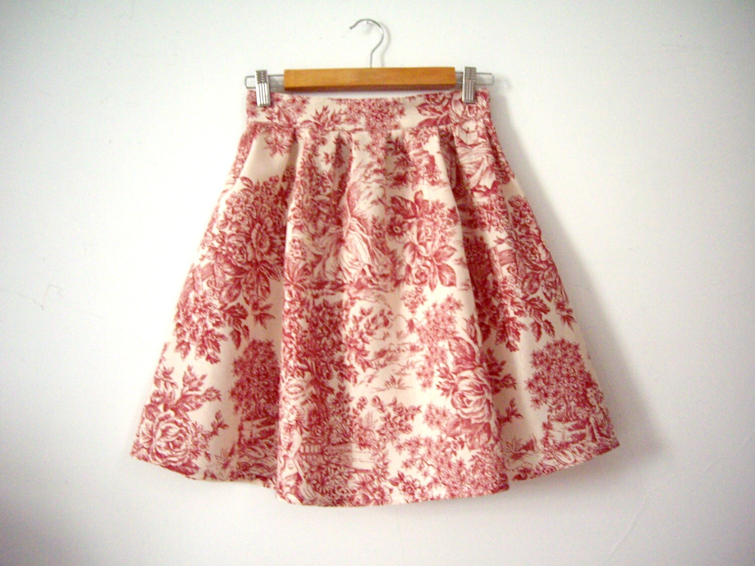 Flared Skirt Red Toile de Jouy Cotton Voile