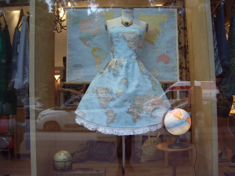 World Map Skater Dress Made of Cotton, Atlas Strapless Dress with Pockets, Wedding and Bridesmaids, Plus Sizes Available, Made to order image 8