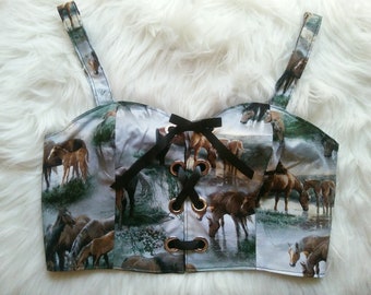 Horse Print Cotton Bustier Top, Lace-Up Corset, Made To Order