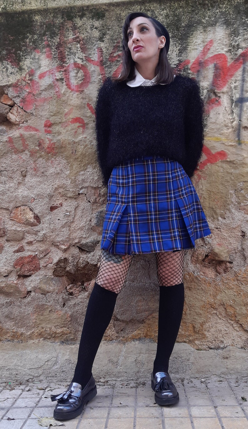 Tartan Skater Grunge Skirt in Blue, Plaid Preppy Mini Skirt with Pleats, Punk Gingham Short Skirt, Made to Order, Plus Sizes image 3