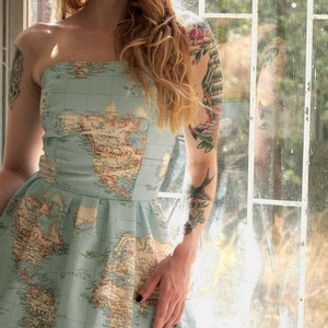 World Map Skater Dress Made of Cotton, Atlas Strapless Dress with Pockets, Wedding and Bridesmaids, Plus Sizes Available, Made to order image 3