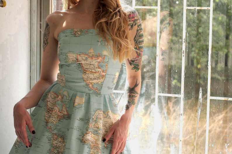 World Map Skater Dress Made of Cotton, Atlas Strapless Dress with Pockets, Wedding and Bridesmaids, Plus Sizes Available, Made to order image 3