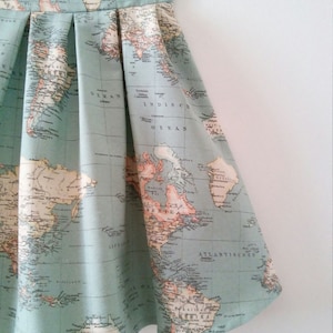 Skater Map Skirt with Pockets in Blue Green, Atlas Print Cotton Skirt with Pleats, Bridesmaids and Wedding, Plus Sizes, Made to Order image 3