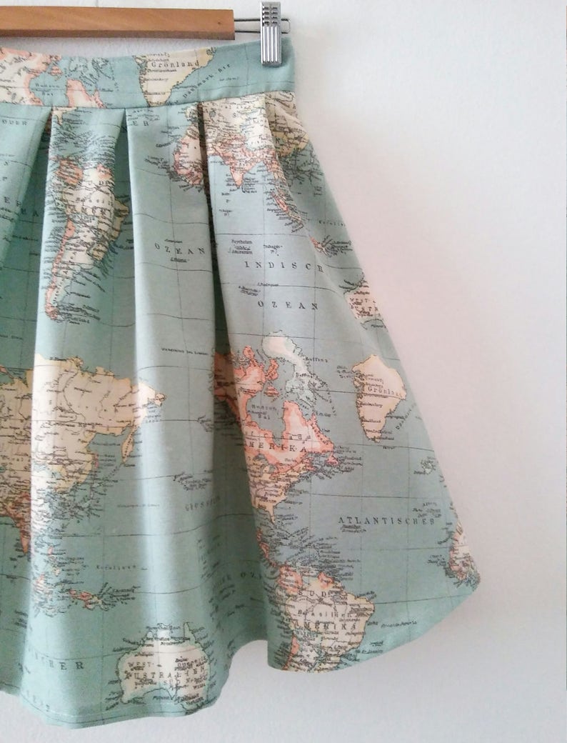 Skater Map Skirt with Pockets in Blue Green, Atlas Print Cotton Skirt with Pleats, Bridesmaids and Wedding, Plus Sizes, Made to Order image 3