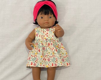 Dress 38cm miniland doll- Enchanted Forest - Liberty Suffolk field- Note Headband separate sale.